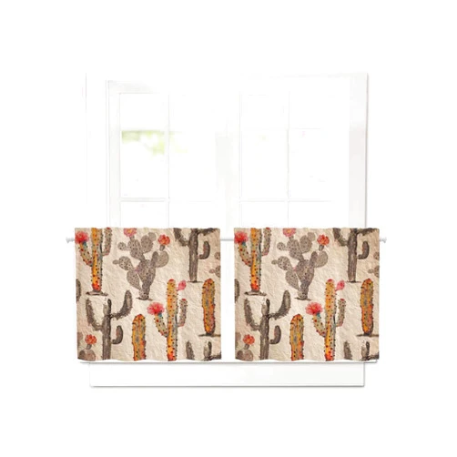 Funnywall88 Blackout Curtains for Bathroom Kitchen Window, Vintage Watercolor Grey Cactus Floral Short Thermal Insulated Tier Curtain Panels Rod Pocket, Set of 2, 30 Inch