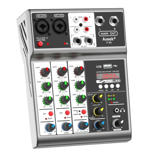 Aveek Professional Audio Mixer, Sound Board Mixing Console with 4 Channel Digital USB Bluetooth Echo Delay Effect, Input 48V Phantom Power Stereo DJ Mixers for Recording, Live Streaming, Podcasting