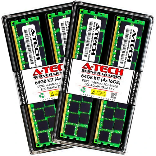 A-Tech 64GB Kit (4x16GB) Memory RAM for Dell Precision T3600 - DDR3 1866MHz PC3-14900 ECC Registered RDIMM 2Rx4 1.5V - Server