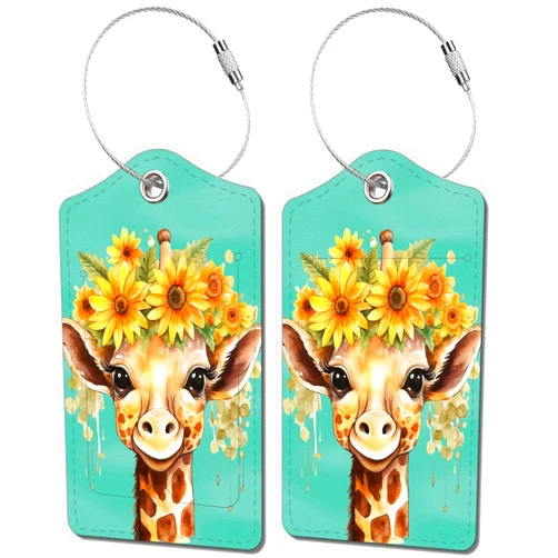 BestEioyo 2 Pack Luggage Tag for Suitcase, Cute Unique Leather Bag Tags Identifiers Privacy Cover ID Label with Durable Steel Loop for Women Men Kids Girls Travel，GiraffeJ