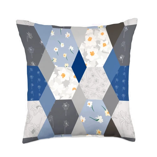 Patterns by M.Kokolo Floral Daffodil Quilt Pattern | Blue and Gray Throw Pillow, 18x18, Multicolor