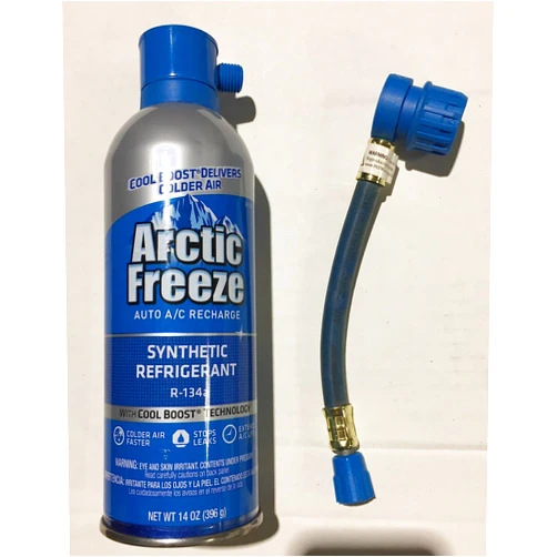 AC Pro Arctic Freeze Auto A/C Recharge R-134a Synthetic Refrigerant for MVAC use in a 14-Ounce Self-Sealing Container with Stop Leak - Includes 14oz R134A & Recharge Hose - NO Gauge