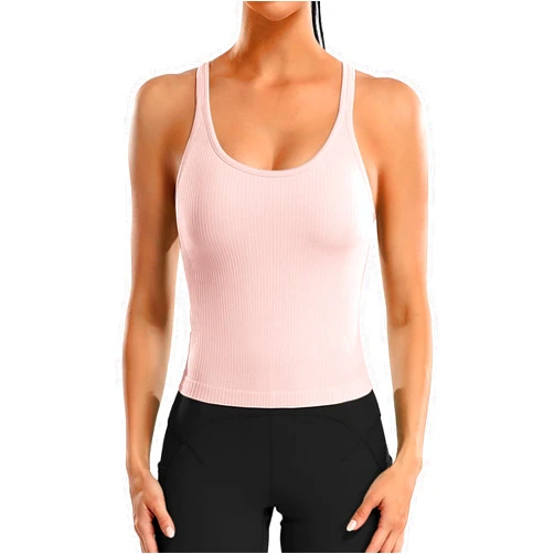 ATTRACO Women Ribbed Workout Crop Tops with Built in Bra Yoga Racerback Tank Top Tight Fit