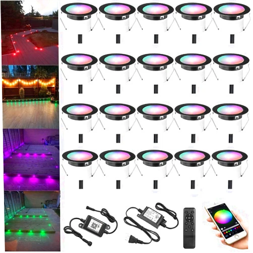 GEYUEYA Home Deck Light RGBW 20 Pack, Φ1.77 Inches RGB/Warm White Light WiFi Control, LED Deck Lights Kit Low Voltage DC12V, IP67 Waterproof Deck Lights for Stairs with Remote Control