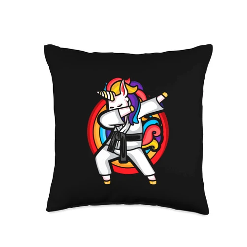 Karate & Fantasy Designs Martial Arts Rainbow Student Unicorn Lover Dabbing Jiu Jitsu Throw Pillow, 16x16, Multicolor