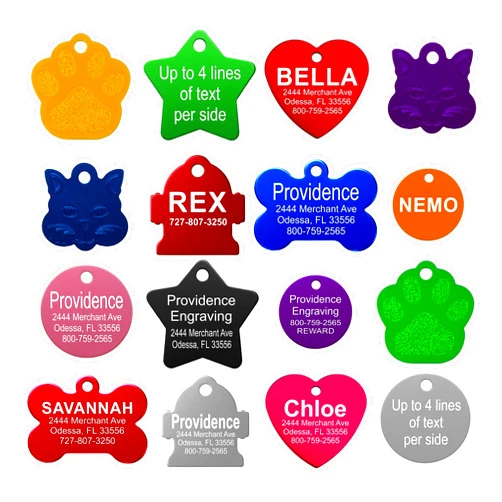 Providence Engraving Pet ID Tags - Small or Large Personalized Anodized Aluminum Pet Tags in Bone, Round, Star, Heart, Hydrant, Paw and Cat Face Shapes and 9 Colors for Dog and Cat