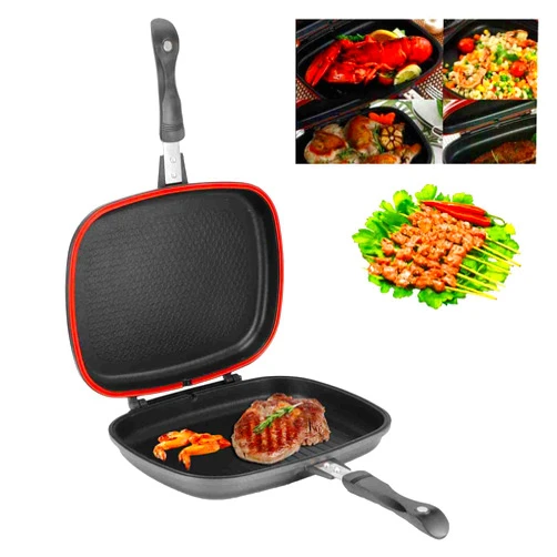 SASKATE Double Side Grill Pan, Non Stick Aluminium Double Frying Pan, Sandwich And Panini Maker Baking pan for Barbecue, Chicken