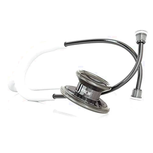 MDF Instruments MD One Stainless Steel Stethoscope, Adult, Free-Parts-for-Life, White Tube, Perla Noire Chestpieces-Headset, MDF777PN29