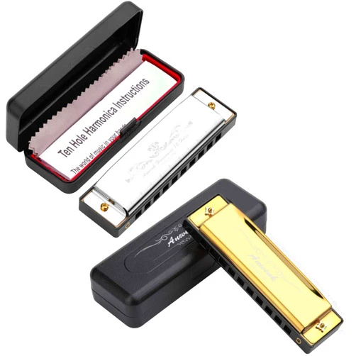 Anwenk 2Pack Harmonica Key of C 10 Hole 20 Tone Diatonic Harmonica C with Case for Beginner Gift, Silver and Gold