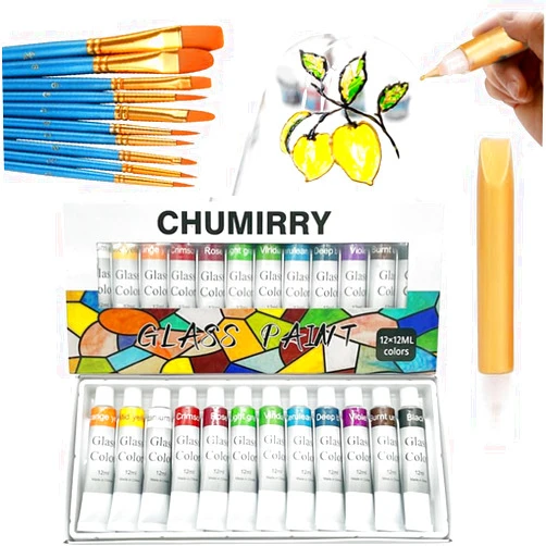 CHUMIRRY KIDS Stain Glass Paint with paintbrush, 12 Colors Stain Glass Paints for Wine Glass, Glass Paint Outliner, Ink Gold, Deco Art Glass Sain