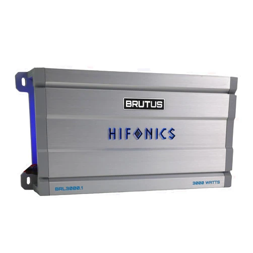 Hifonics Brutus BRL3000.1 car Audio Mono Amplifier Delivering 3000 watts RMS with a Built-in UV Meter and Intelligent Power Management System.