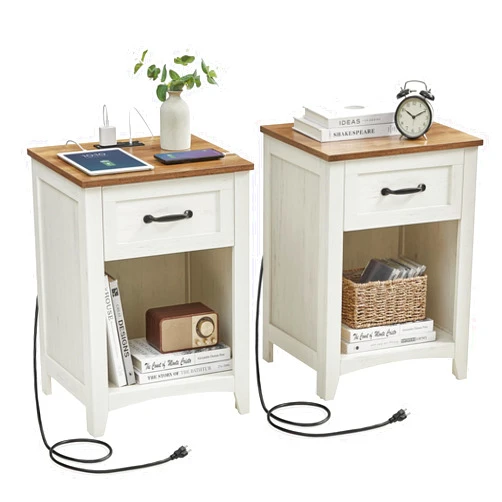 VASAGLE Farmhouse Nightstands with Charging Station, Set of 2, Bedside Tables with Drawer, Open Compartment, Side Tables with Storage, for Bedroom, Rustic White and Honey Brown ULET859K41