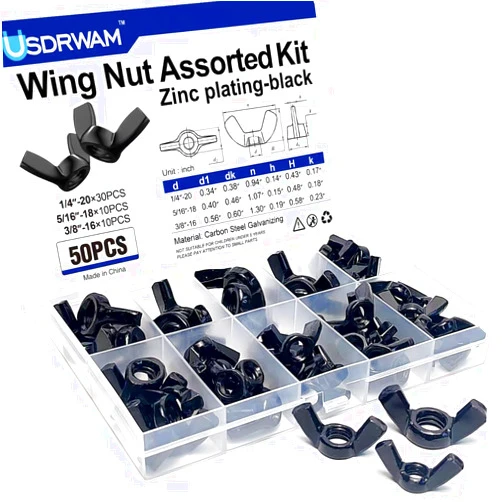 Usdrwam 50Pcs 3 Size 1/4''-20, 5/16''-18, 3/8''-16 Assorted Wing Nut Kit, Zinc Plating-Black Wing Nuts Butterfly Fasteners, Hand-Tighten Hardware Nuts Kit for Easy Assembly and Secure Fit Furniture