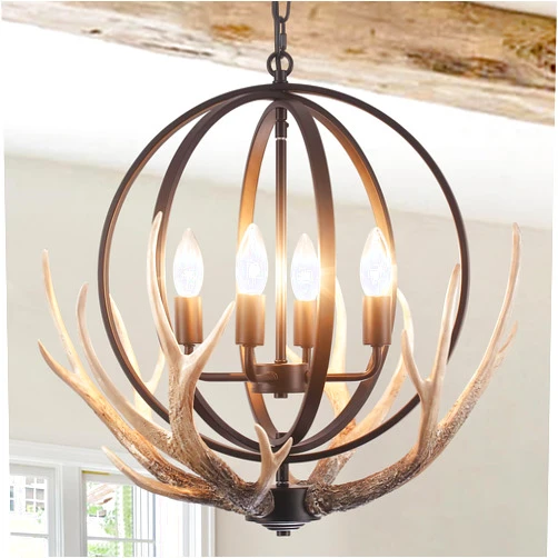 LIHHGFGS Antler Chandelier 4-Light Rustic Farmhouse Chandeliers for Dining Room Light Fixture with 4 Resin Deer and Metal Globe Chandelier Vintage Pendant Lights for Kitchen Island Foyer Entryway Living Room