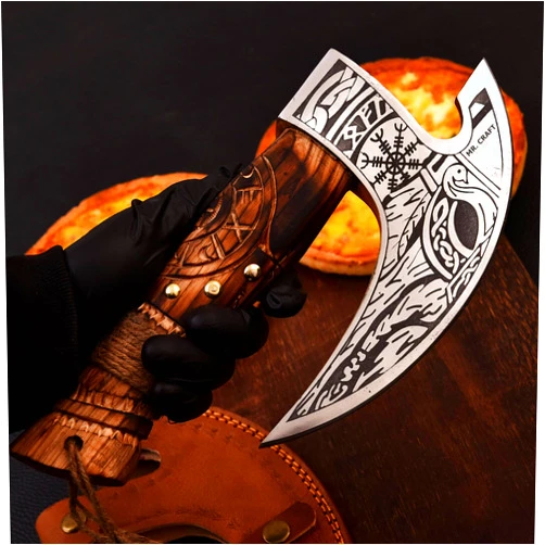 MR. CRAFT Pizza Cutter Axe Carbon Steel Slicer Chef Viking Axe with Leather Cover - Premium Pizza Oven Accessories Ulu Rocking Pizza Gifts for Men (Engraved Ash Wood)