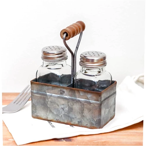 Synovana Salt and Pepper Shakers Set with Holder, Rustic Salt and Pepper Shakers with Galvanized Metal Caddy, Vintage Farmhouse Salt and Pepper Set for Restaurant Kitchen Table Decor