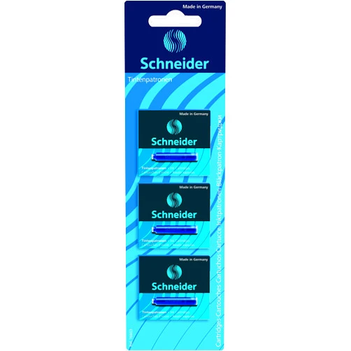 Schneider Ink Cartridge, Ball Closure, Refill for Fountain and Cartridge Rollerball Pens, Blue Ink, Pack of 3 Boxes/Box of 6 Cartridges (76603)