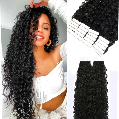 Smartinnov Curly Tape in Hair Extensions Human Hair Seamless Skin Weft PU Tape Ins 18Inch Natural Black 100% Remy Human Hair Extensions Hair Deep Curly Wave Tape in Extensions for Short Hair 20pcs/Pack 50G