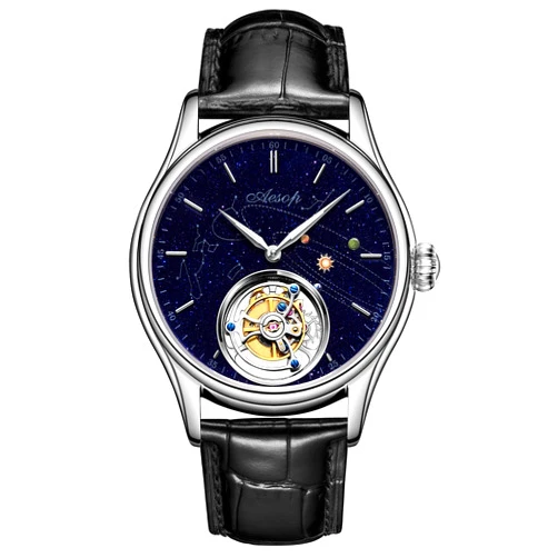 AESOP Tourbillon Watches for Men Mechanical Hand Wind Wristwatches Blue Sandstone Dial Stainless Steel Sapphire Crystal Waterproof Business Luxury Dress Watch 7025