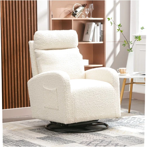 LUCKHAO Swivel Rocking Chair，Nursery Swivel Glide Armchair Teddy Fabric Upholstered Modern Rocking Chairs with High Backrest for Nursery, Bedroom, Living Room（White Teddy