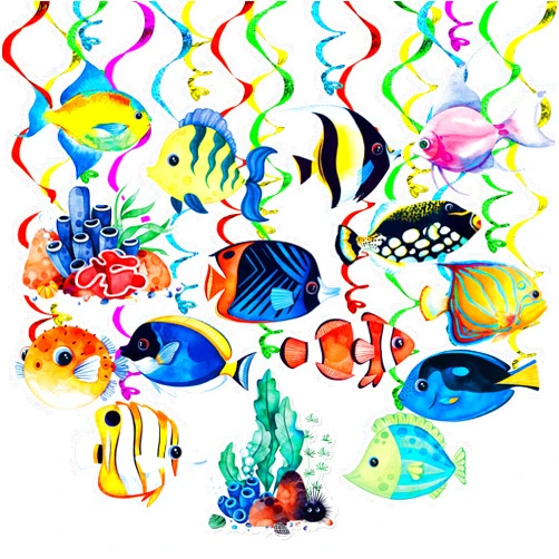 MoShining Tropical Fish Hanging Swirls Banner Decor 30 Pack Foil Ceiling Hanging Swirls Streams Banner Decorations Garland for Under The Sea Ocean Celebrating Events Birthday Party Supplies Room Wall Decor