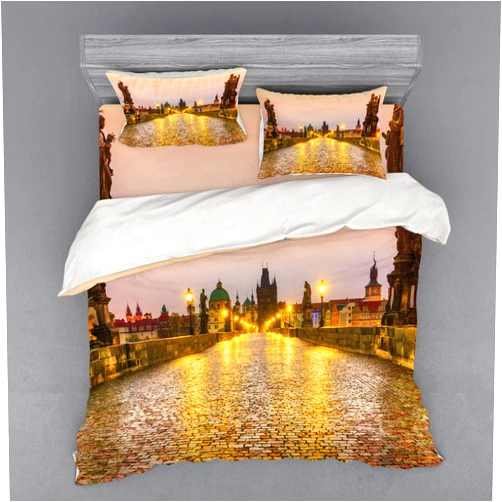 Ambesonne Landscape Bedding Set, Charles Bridge Old Town Prague Czech Republic with Classic Medieval Buildings, 4 Piece Duvet Cover Set with Shams and Fitted Sheet, King Size, Yellow Brown