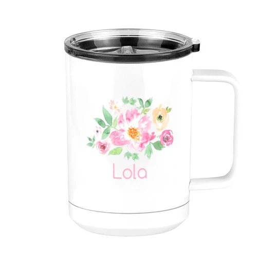 Just So Posh Lola Flowers Tumbler, Coffee Mug with Handle and Slider Lid, White 15 oz Polar Camel, Stainless Steel, Vacuum Insulated