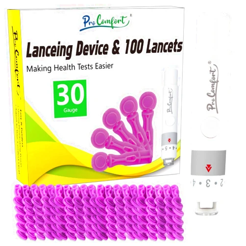 Pro Comfort Lancing Device Less Pain, with 100pcs Twist Top 30 Gauge Blood Lancets for Blood Glucose Testing, Blood Sample Lancet Pen for Blood Sugar Monitor
