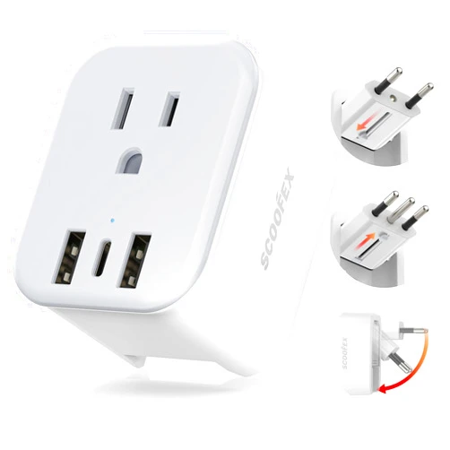 SCOOFEX European Travel Plug Adapter - SCOOFEX Foldable Power Plug with 3 USB (1 USB C Port) and 1 AC Outlets Charger for US to Most of Europe - EU France Germany Spain Italy（Type C/L）