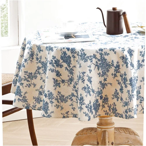 Aoztio Rustic Floral Round Tablecloth 55 Inch, Machine Washable Cotton Linen Farmhouse Decor Table Cloth, Indoor Outdoor Vintage Table Cover for Daily Use - Blue Flower, Round 55 Inchs