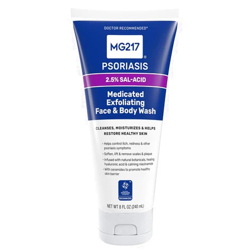 MG217 Medicated Exfoliating Face and Body Wash for Psoriasis Symptoms, Salicylic Acid, Hyaluronic Acid, Niacinamide, Ceramides, 8 floz