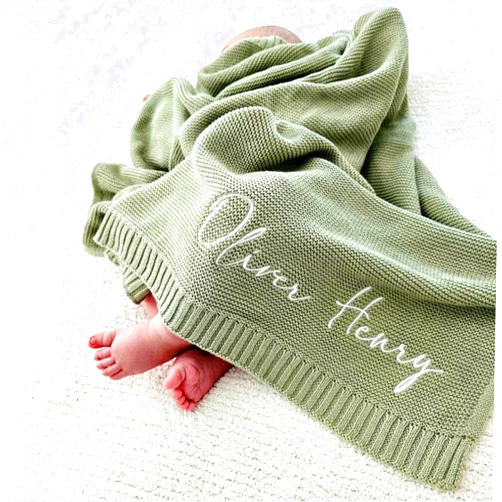 IBedding Personalized Baby Blanket - Custom Blanket with Name, Customized Handmade Chunky Knit Nursery Embroidered Baby Boy Girl Blankets Gifts (30x40in)