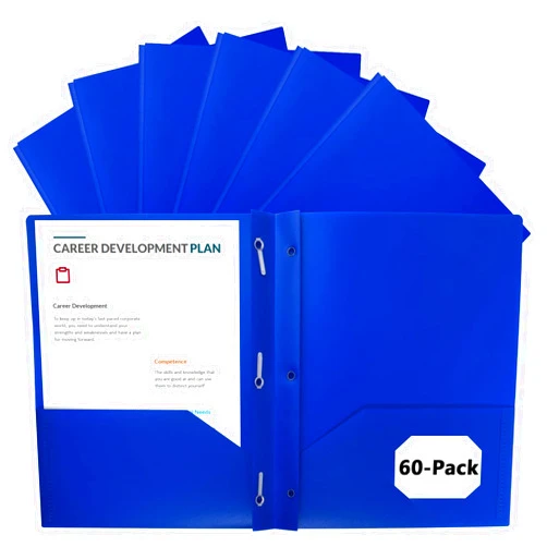 EEHZTSI 60-Pack Plastic Folders with Pockets and Prongs,2-Pocket Folders with 3 Fasteners, Poly Folders Holds 8-1/2