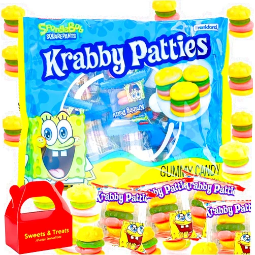 Muchai Innovations Krabby Patty Gummy Candy | Sponge Bob Individually Wrapped Burger Shaped Pattie | Halloween Trick Treat Deco Holiday Basket Stuffer Birthday Party Favor Gift - Plus Muchai Box (Large Hefty Bag Pack)