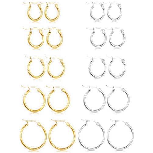 BESTEEL 5-10 Pairs Silver Gold Hoop Earrings Set for Women Men Hypoallergenic Surgiacl Stainless Steel Small Huggie Earring Stacks Pack Jewelry for Multiple Piercing Waterproof
