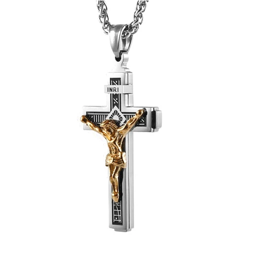 HZMAN Catholic Jesus Christ on INRI Cross Crucifix Gold Silver Tone stainless steel Pendant Necklace 22+2 Chain
