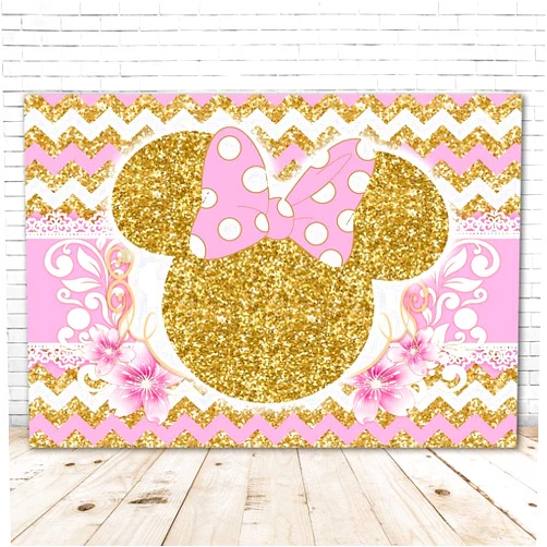 VV Backdrop Minnie Mouse Backdrop Gold and Pink 7x5 Glitter Minnie Mouse Ears Bowtique Background Happy Birthday Vinyl Cherry Flower Minnie Mouse Theme Baby Shower Backdrops for Girl
