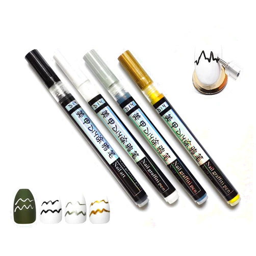 LOKFAR 4 Pieces Nail Art Pens Nail Art Graffiti Pen Set, Waterproof Drawing Painting Liner Brush Fine Tip Nail Pen, for DIY Abstract Lines and Flower Pattern Design (Black+White+Golden+Silver)