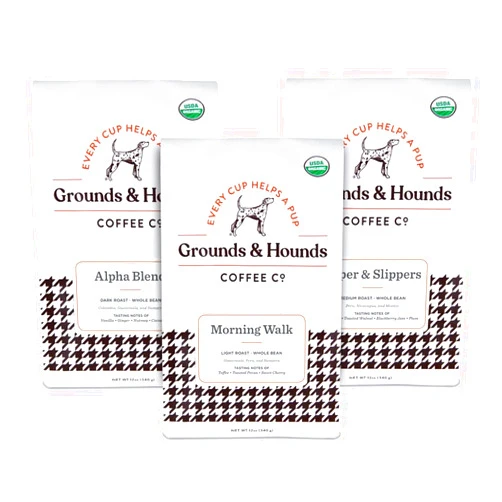 GROUNDS AND HOUNDS COFFEE CO. Grounds & Hounds Three Blend Starter Kit - 100% Organic Whole Bean Coffee Variety Pack, Whole Coffee Beans, Includes Three 12oz Bags of Our Most Popular Blends