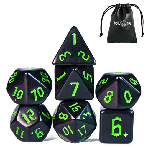 Poludie 7-Die DND Dice Set Polyhedral Dice Set with a Leather Dice Bag, D&D Dice Set for Dungeons and Dragons, RPG, MTG Table Games (Black)
