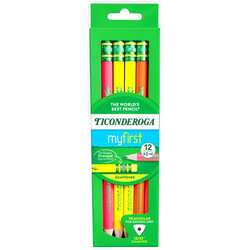 Ticonderoga My First Tri-Write Wood-Cased Pencils, Pre-Sharpened, 2 HB, With Erasers, Neon Colors, 12 Count