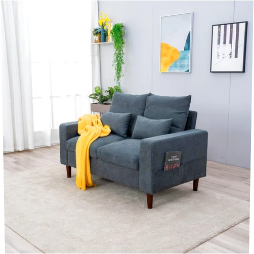Panana 2 Seater Sofa Loveseat Compact Pillowed Back Linen Fabric Couch,Free 2 Small Cushions (Grey)