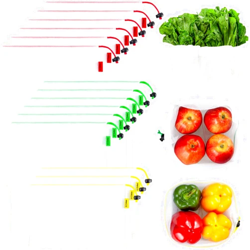 Ecowaare Set of 15 Reusable Mesh Produce Bags - Eco-Friendly - Washable and See-Through - with Colorful Tare Weight Tags - 3 Sizes