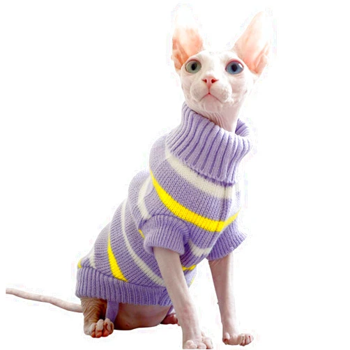 Bonaweite Hairless Cats Stripe Vest Turtleneck Sweater, Breathable Adorable Cat Wear Shirt Clothes, Cat's Pajamas Jumpsuit for Sphynx, Cornish Rex, Devon Rex, Peterbald