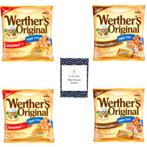 Five Stars Brands Werther's Original Caramel Hard Candy Sugar Free Variety 4 Pack, 1.46 Bags - 2 Bags of Each Flavor - Caramel Sugar Free and Caramel Coffee Sugar Free- Zero Sugar - Keto Candy - Diabetic Candy - Low Carb Snack | Bundled with 1 pack of Five Stars Brands Mini Tissues Pocket (Variety)