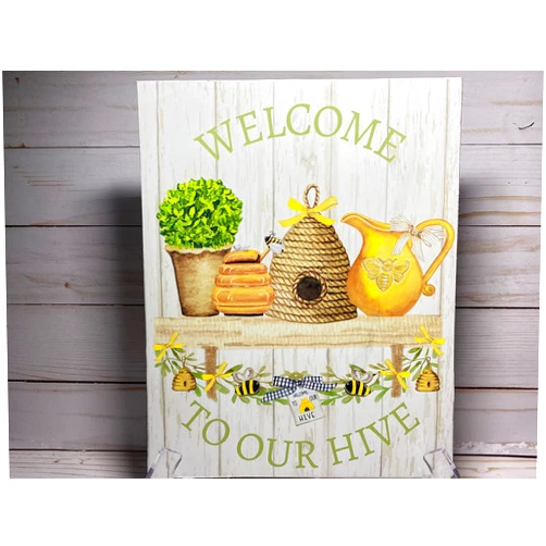 Asbwuo Bee Wall Decor Sign, Welcome to Our Hive, Wreath Accent,Bee Sign Home Bedroom Kitchen Sign Garden Patio Indoor Outdoor Wall Decor 8x12 Inch