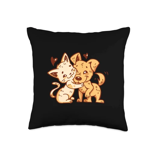 Bäume Meditieren, lustige Sprüche Cat Hugging Dog with Hearts Graphic for Men Women Children Throw Pillow, 16x16, Multicolor
