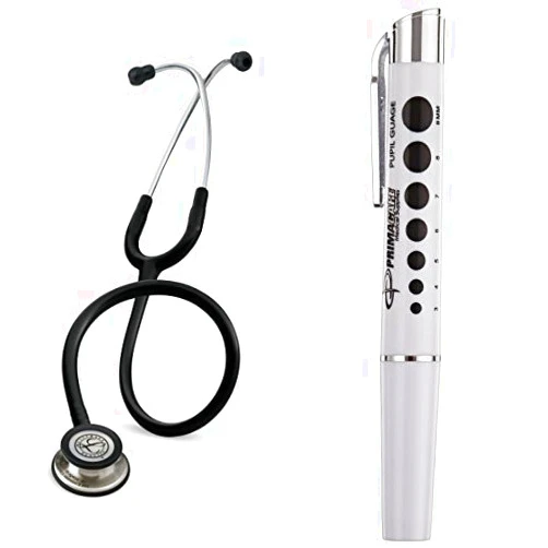 3M Littmann Classic III Stethoscope, Stainless-Steel-Finish Chestpiece, Black Tube, 27 inch, 5620 and Primacare DL-9325 Reusable LED Penlight with Pupil Gauge bundle
