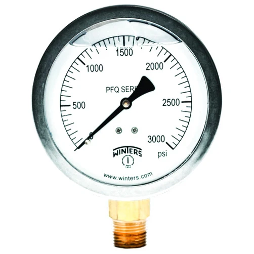 Winters Instruments Winters PFQ Series Stainless Steel 304 Single Scale Liquid Filled Pressure Gauge with Brass Internals, 0-3000 psi, 4