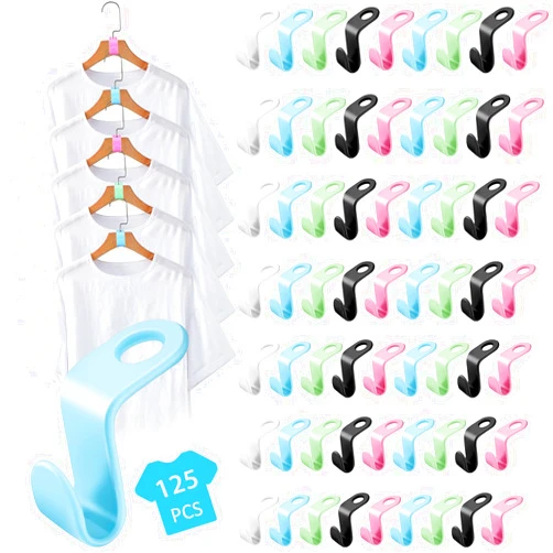 HOLLIHI 125 PCS Clothes Hanger Connector Hooks,5 Color Wardrobe Hanger Extender Clips,Heavy Duty Cascading Connection Hooks Space Saver for Clothes Closet,Easy to Install
